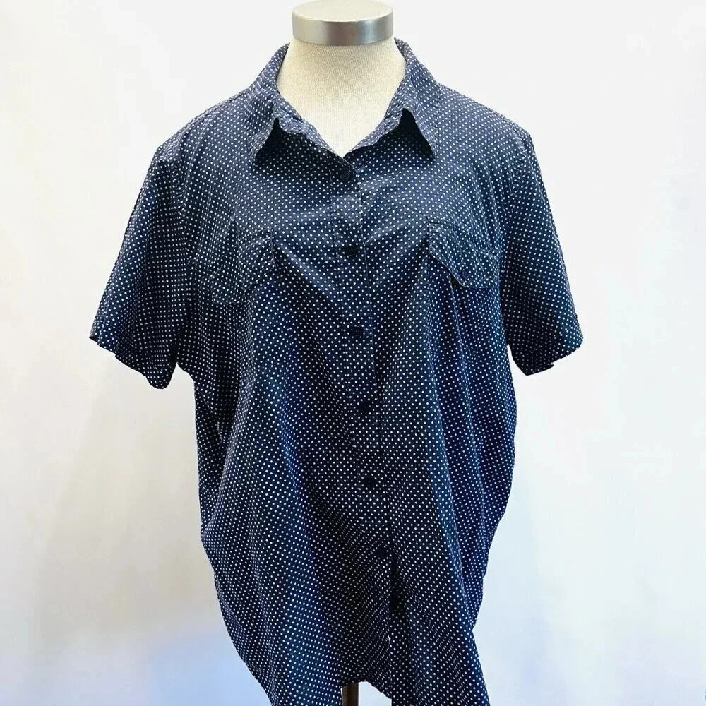ONLY NECESSITIES Women Short Sleeve Button Down Polka-Dots Blue Shirt Size 1X